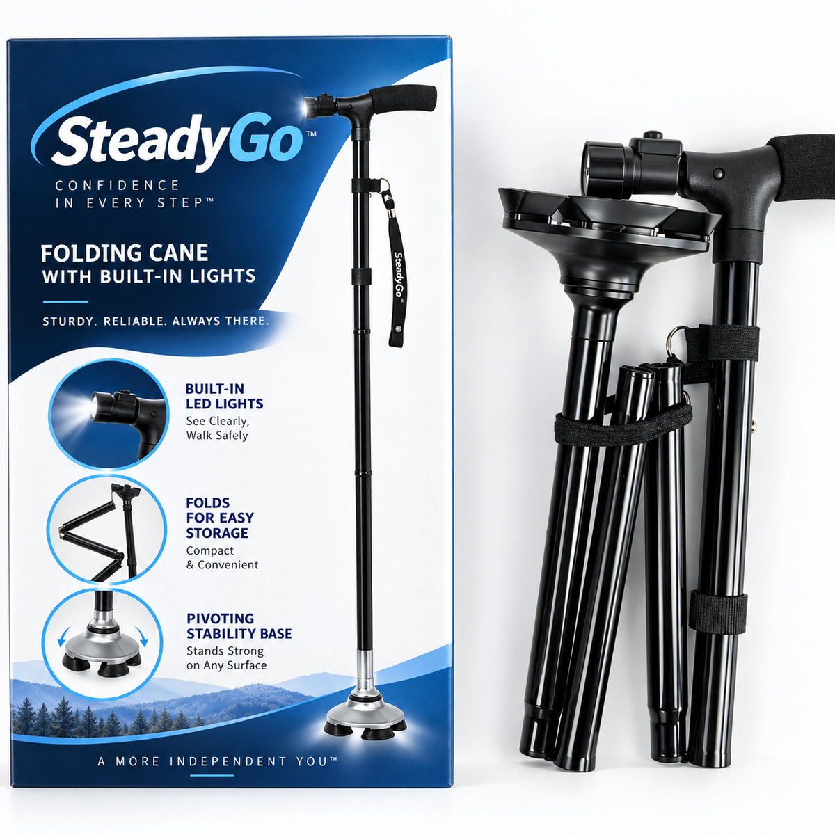 🦯LIMITED-TIME 50% OFF! 💡 SteadyGo™ Multifunction Folding Walking Cane – Built-In Light, Emergency Alarm, Quad Base & 5-Level Height Adjustment✨