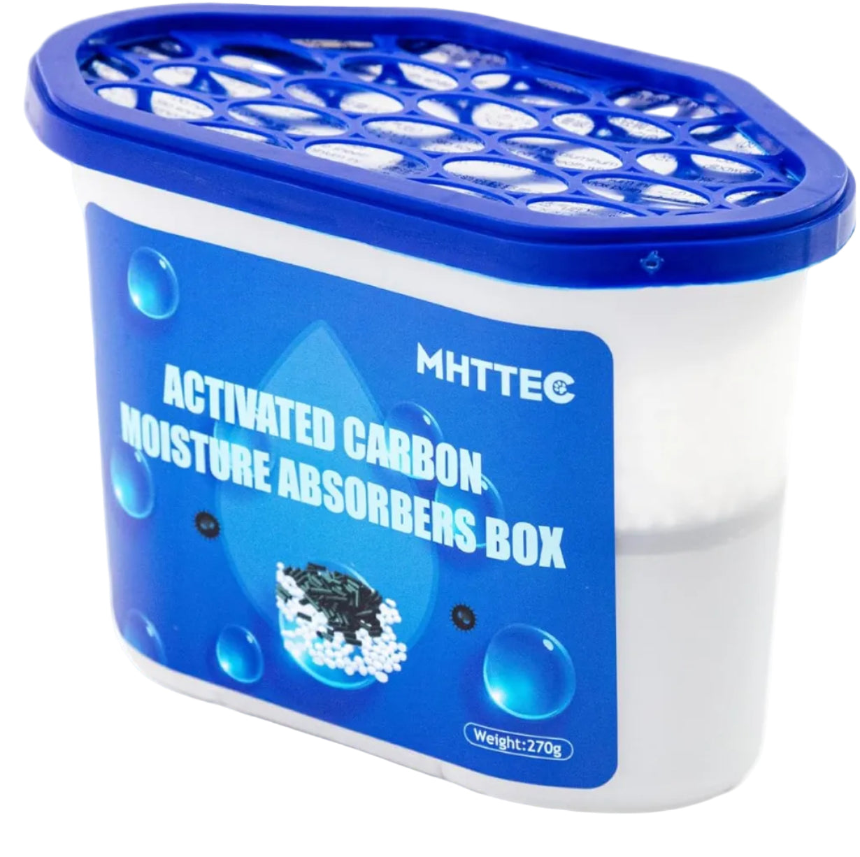 Activated carbon moisture absorbers box with dimensions and brand name on a white background